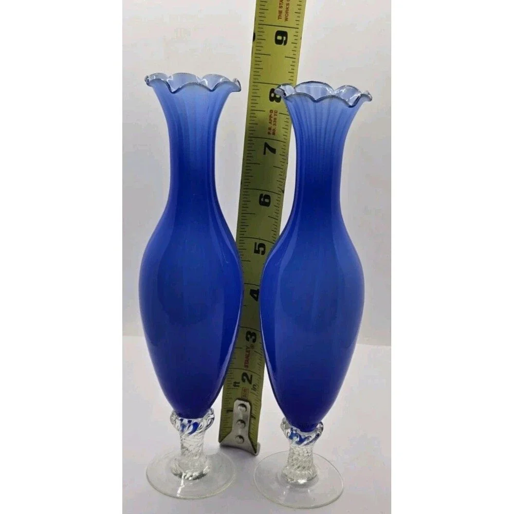 Hand Blown Murano Art Cobalt Blue Encased Opulescent Ruffled Swirl Glass Vase